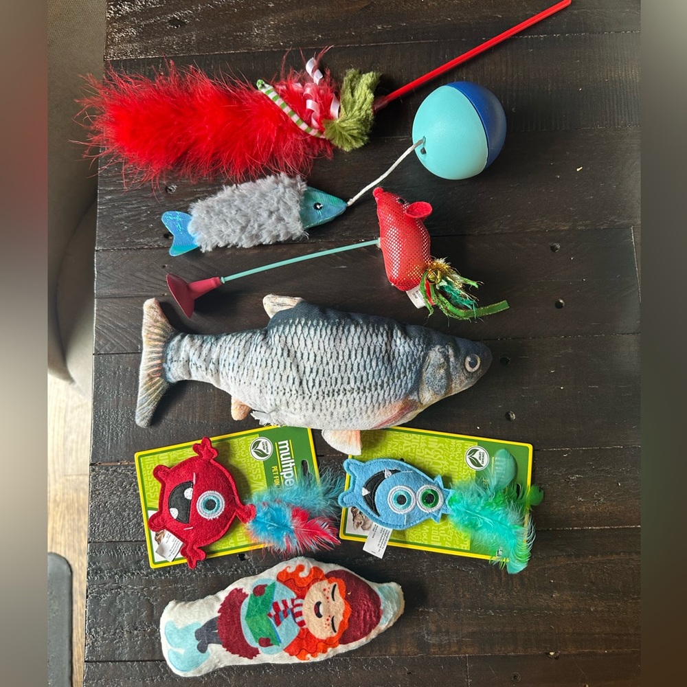 Colorful Cat Toy Set with Fish and Feather